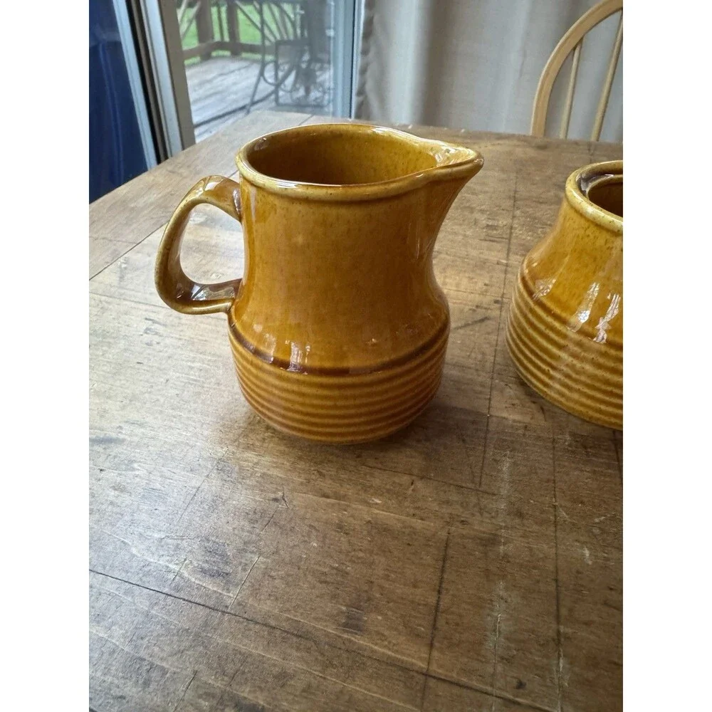 Homer Laughlin Co. Brown/Mustard Glazed Pottery Creamer And Sugar Set  No Lid